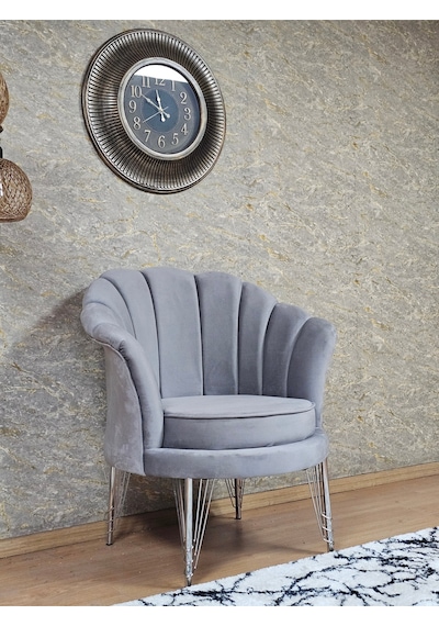 Zafir Tekli İstiridye Krom Kaplama Telli Ayak Çay Seti Koltuk Tekli Berjer , Balkon, Salon, Ofis Gri