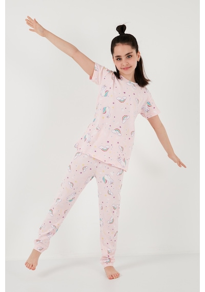 Lela % 100 Pamuk Bisiklet Yaka Kısa Kollu Kız Çocuk Pijama Takımı 6651002 Pembe-Beyaz