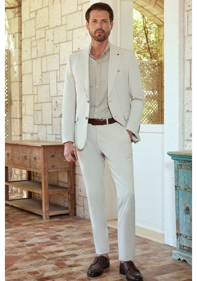 İmza Kendinden Desenli Mono Yaka 6 Drop Slim Fit Takım Elbise 1001260162 Bej