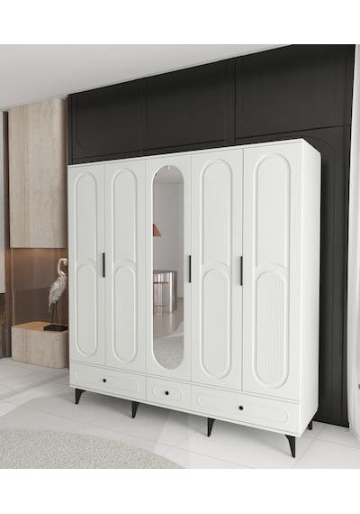 Derin 5 Kapaklı Çekmeceli Gardırop - Tamamı Mdf Beyaz