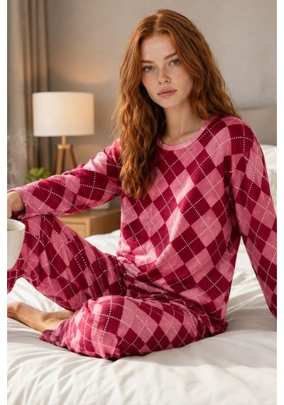 Kadın Çizgili Regular Fit Kırmızı Pijama Takımı 4766