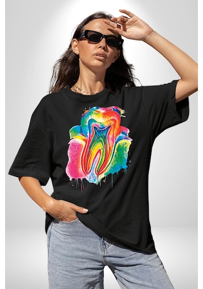 Diş Doktoru Diş Anatomisi Özel Tasarım Pamuklu Bisiklet Yaka Unisex Oversize Boyfriend Dijital Baskılı Siyah T-shirt Siyah