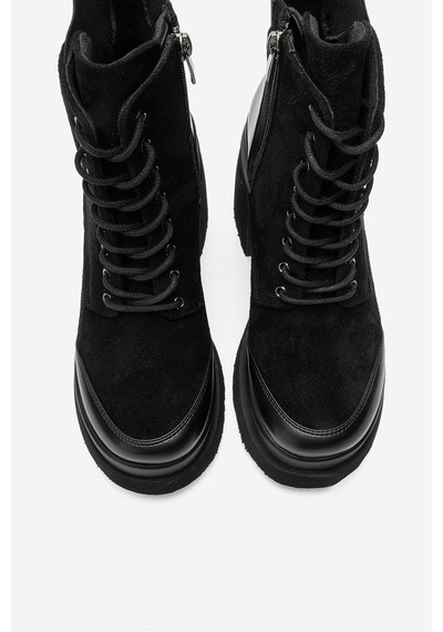Luvi Shoes Norton Siyah Süet Bağcıklı Fermuarlı Kadın Platform Topuklu Bot