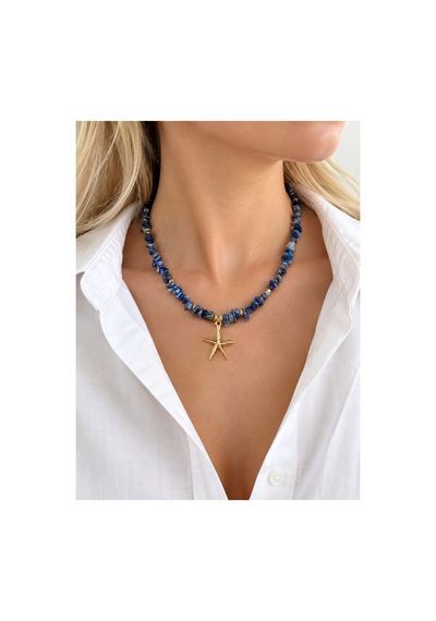 Gold Deniz Yıldızı Lapis Lazuli Doğal Taş Kolye Lacivert Lapis Lazuli Lacivert Lapis Lazuli
