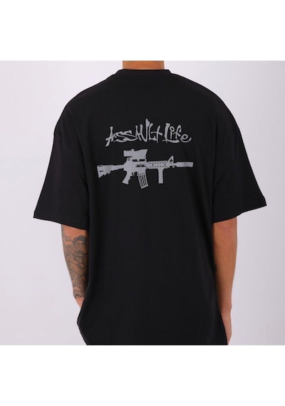 Flood Of Style Erkek Siyah Assavlt Lıfe Baskılı Oversize Bisiklet Yaka Tshirt