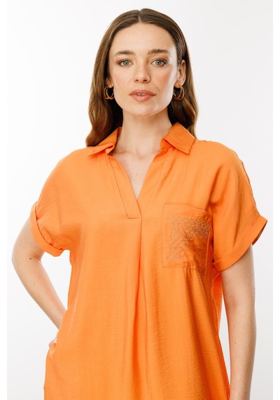 Desen Triko Kadın Polo Yaka Cebi Zincir Detaylı Elbise Oranj Oranj