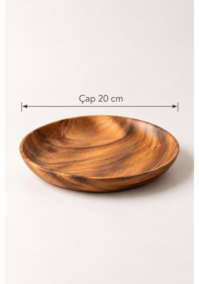 Akasya Ahşap Yayvan Sunum Tabağı 20 Cm - Yuvarlak Mezelik Zeytinlik Çerezlik Servis Çanağı Kase