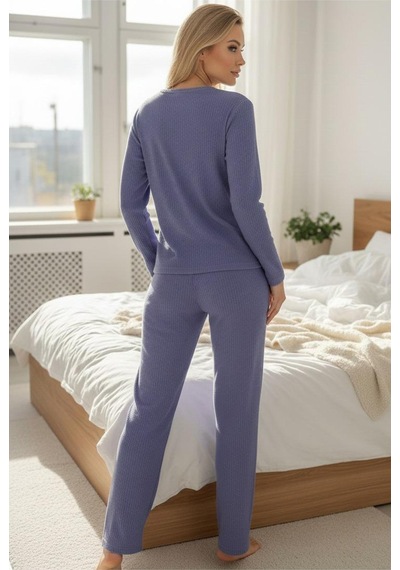 Siyah İnci Fırçalı Yumuşak Dokulu Fitilli Kaşkorse Örme Düğmeli Hırka Pijama Takım Mor