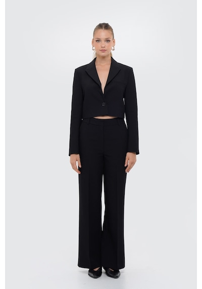 Thalure Kadın Siyah Düğmeli Slim Fit Crop Blazer