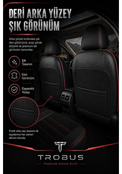 Nova Serisi Tay Tüyü Bel Destekli Siyah Kırmızı Premium Üniversal Koltuk Kılıfı Tam Set