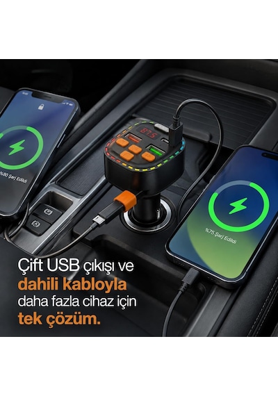Bluetooth 5.3 Fm Transmitter, Dahili Type-c Kablolu Çift Usb 3.1a Araç Şarjı, Eller Serbest Görüşme, Mp3/wma/flac