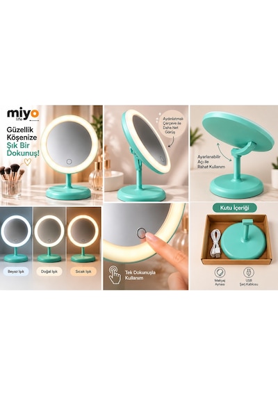 Led Işıklı Makyaj Aynası Dokunmatik Kontrollü Ayarlanabilir Açılı Masaüstü Ayna Mint Yeşili Yeşil