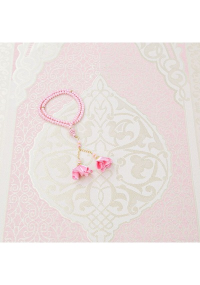 Hediyelik İpek Nur Tafta Seccade Pembe & Güllü İnci Tesbih 8 Mm Pembe Çok Renkli