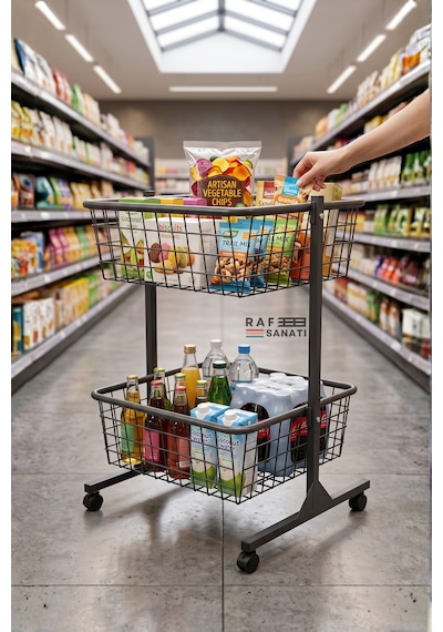 60x60 Cm Çift Katlı Tekerlekli Tel Havuz Sepet Market Mağaza Promosyon Ve Aksiyon Sepeti Antrasit