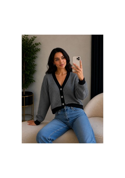 Hira Life Fashion Kadın V Yaka Düğmeli Şeritli Kısa Crop Ceket-hırka Antrasit Antrasit