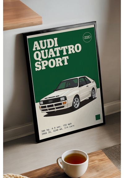 Audi Quattro Sport Siyah Ahşap Çerçeveli Poster, Dekoratif Araba Duvar Tablosu