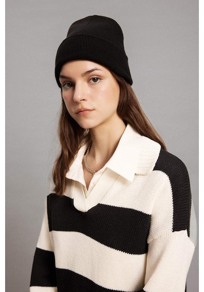 DeFacto Regular Fit Polo Yaka Çizgili Triko Kazak Tunik B8370AX24SPER133 Ekru