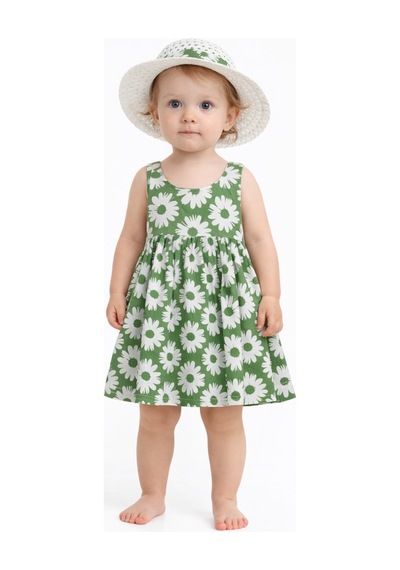 Chicsy Baby Tatlı Kız Bebek Papatya Desenli Tarz Elbise Şapkalı Yazlık Kombin Yeşil