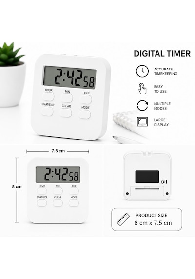 Beyaz Öğrenci Dijital Timer Alarmlı Geri Sayım, Kronometre Ve Saat Modu Büyük Lcd Ekran Manyetik Zamanlayıcı-dol288