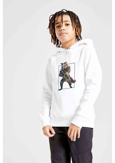 Tshirthane Rakun Rocket Baskılı Unisex Çocuk Kapüşonlu Beyaz Sweatshirt (534750480) Beyaz