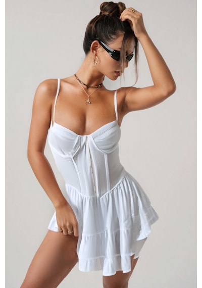 Fashion Cocktail Askılı Boydan Kopçalı Çan Keten Mini Elbise Beyaz