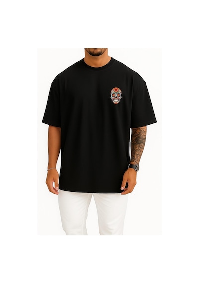 Bahriyeli Collection Oversize Mexican Day Of The Dead Skull Orange Pattern Cep Ve Sırt Tasarımlı Unisex T-shirt SIYAH