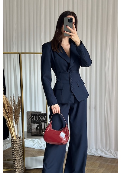 Üçlü Blazer Korse Pantolon Takım Lacivert