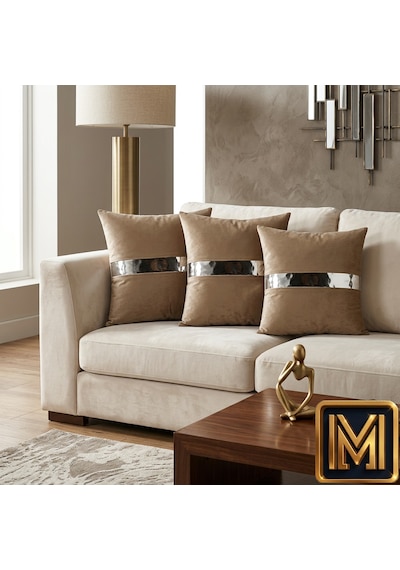 Venüs 07 Gold Şeritli 4 Lü Set Dekoratif Ve Modern Modern Tasarım Kırlent Kılıfı Lüks Koltuk Yastık Kılıfı Gümüş