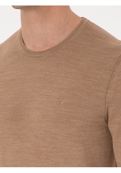 Cacharel Camel Slim Fit Yün Karışımlı Bisiklet Yaka Basic Triko Kazak Kahverengi