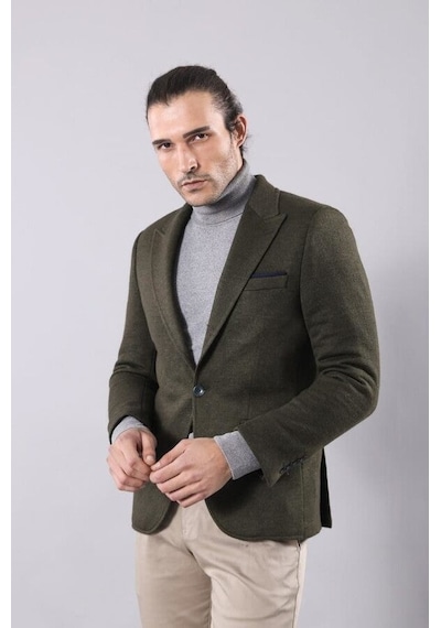 Wessi Yün Tek Düğmeli Yeşil Slim Fit Ceket Siyah