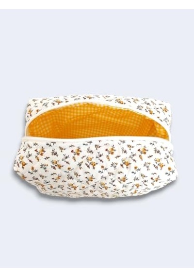 Makyaj Çantası Makeup Bag Kapitone Bakım Seyahat Kozmetik Çantası Beyaz-sarı
