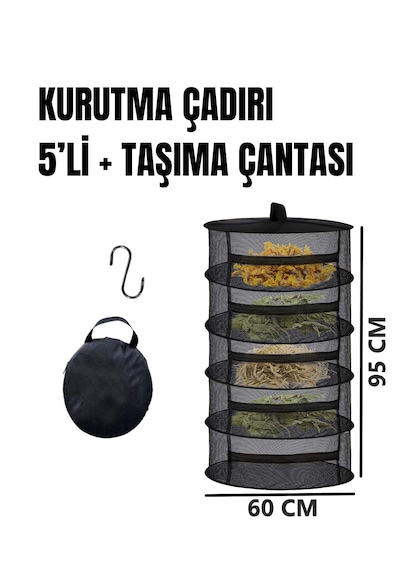 Tineke 5 Katlı Fermuarlı Meyve Sebze Kurutma Filesi Katlanabilir Doğal Kurutma Sepeti Siyah Siyah