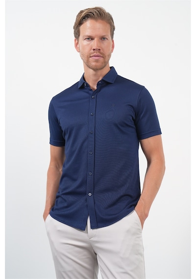 İmza Lacivert İtalyan Yaka Kısa Kol Cepsiz Slim Fit Pamuklu Gömlek 1004260158