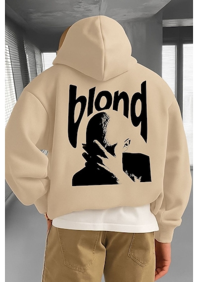 Benroma 3 İplik Penye Blond Baskılı Ünisex Kapüşonlu Sweat Bej