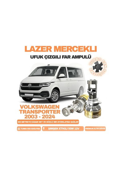 Volkswagen Transporter 2003 - 2024 Kısa Far Uyumlu Mercek Led Ufuk Çizgili Far Ampulü Led Şimşek Etkili