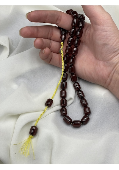 Omari Osmanlı Benzetme Kapsül Kesim Koyu Vişne Sıkma Kehribar Tesbih 9x12 Mm Bordo