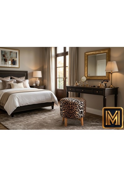 Medet Home Leopar Desenli Puf 40x40x40 Cm Dekoratif Ahşap Ayaklı Oturma Pufu Çok Renkli