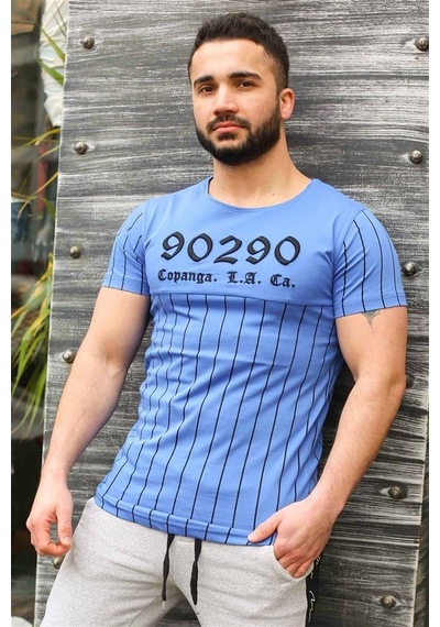 Madmext Bisiklet Yaka Çizgi Detaylı Mavi Tişört 2863