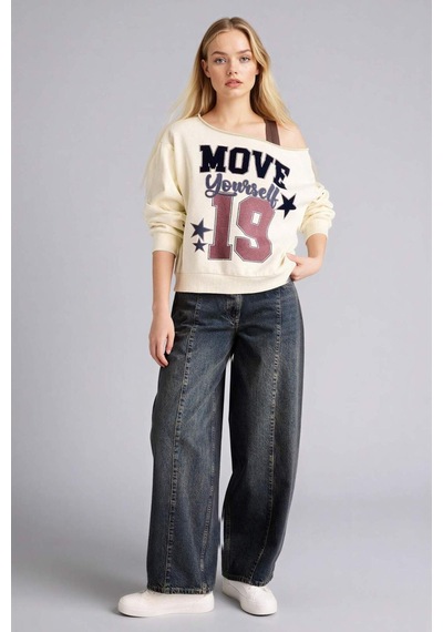 Defacto Oversıze Kayık Yaka Baskılı Sweatshirt G9613ax26spbg418 Bej-bg418
