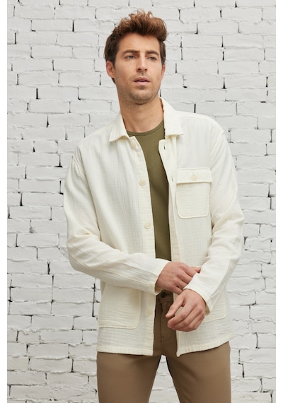 AC&Co / Altınyıldız Classics Erkek Bej Comfort Fit Rahat Kesim Gizli Düğmeli Yaka %100 Pamuk Kışlık Gömlek Ceket Bej