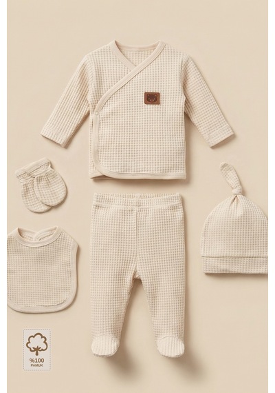 Minory Baby - %100 Pamuk 5'li Hastane Çıkışı Seti Yenidoğan 5'li Set Waffle Kumaş Battaniyesiz Bej Bej