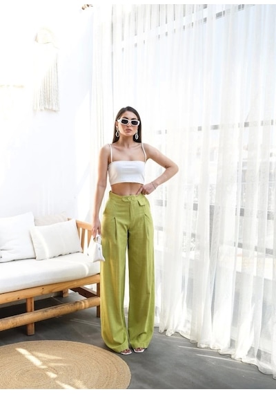 Defymoda Keten Düğme Detayli Dökümlü Palazzo Pantolon Yeşil