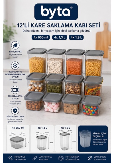 12'li Kare Erzak Saklama Kabı Seti 4x650 Ml + 4x1,3 L + 4x1,9 L Bpa Free Kapaklı Gıda Saklama Kabı Buzdolabı Ve Kiler Düzenleyici Şeffaf