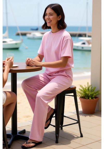 Benerly Kadın Büyük Beden Kısa Kol Bisiklet Yaka Rahat Kesim Silky İnterl Pembe