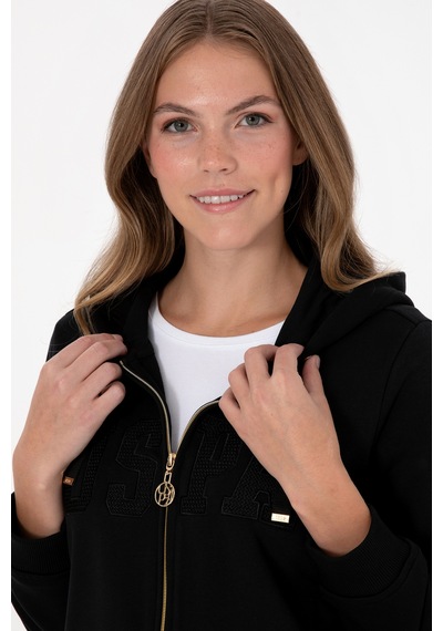 U.S. Polo Assn. Kadın Siyah Uzun Fermuarlı Kapüşonlu Basic Sweatshirt 50307724-VR046