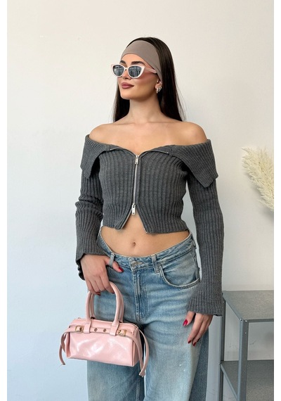 Jee Lee Kadın Madonna Yaka Fermuarlı Hırka Antrasit- 27k 2603