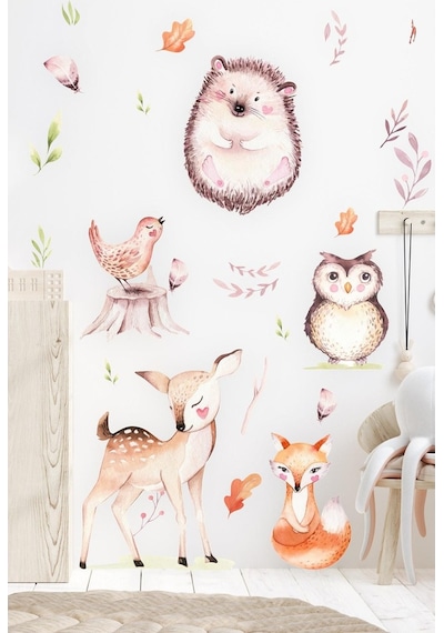 MSticker Sevimli Hayvanlar Ve Yapraklar Çocuk Bebek Odası Sticker Seti
