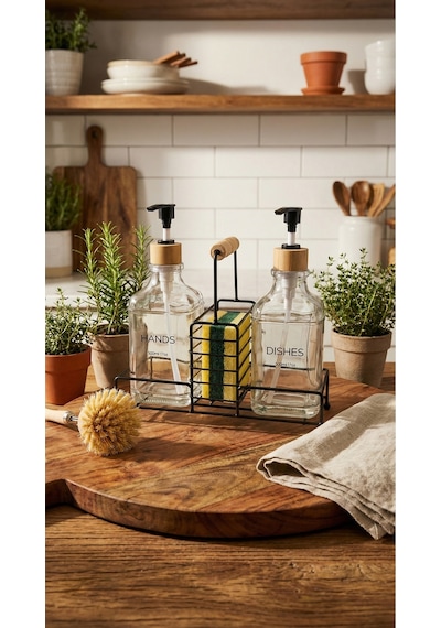 Makri Home Lüks Bambu Kulplu Siyah Metal Stantlı İkili Cam Sıvı Sabunluk 500 Ml, 23x9x23,5 Cm
