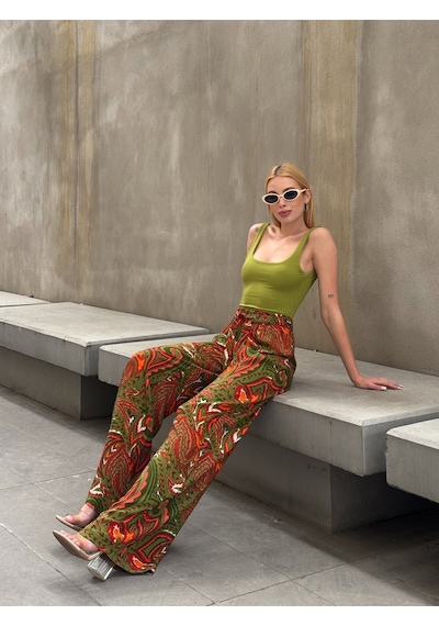 Mamayaga Kadın Yüksek Bel Kuşaklı Desenli %100 Viscose Pamuk Geniş Paça Şık Casual Büyük Beden Curve Pantolon Haki