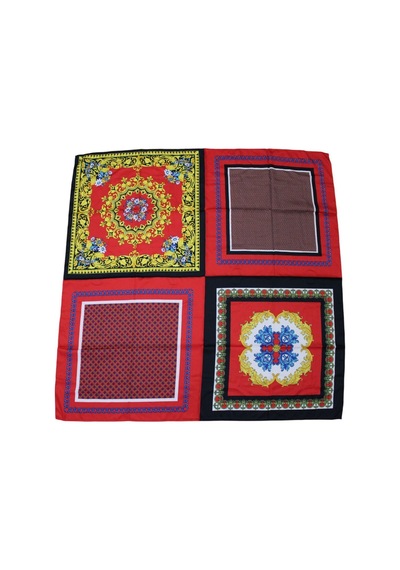 Tikitonki Geometrik Desenli Çok Parçalı Saten Kırmızı Eşarp - 90x90 Karışık Karışık
